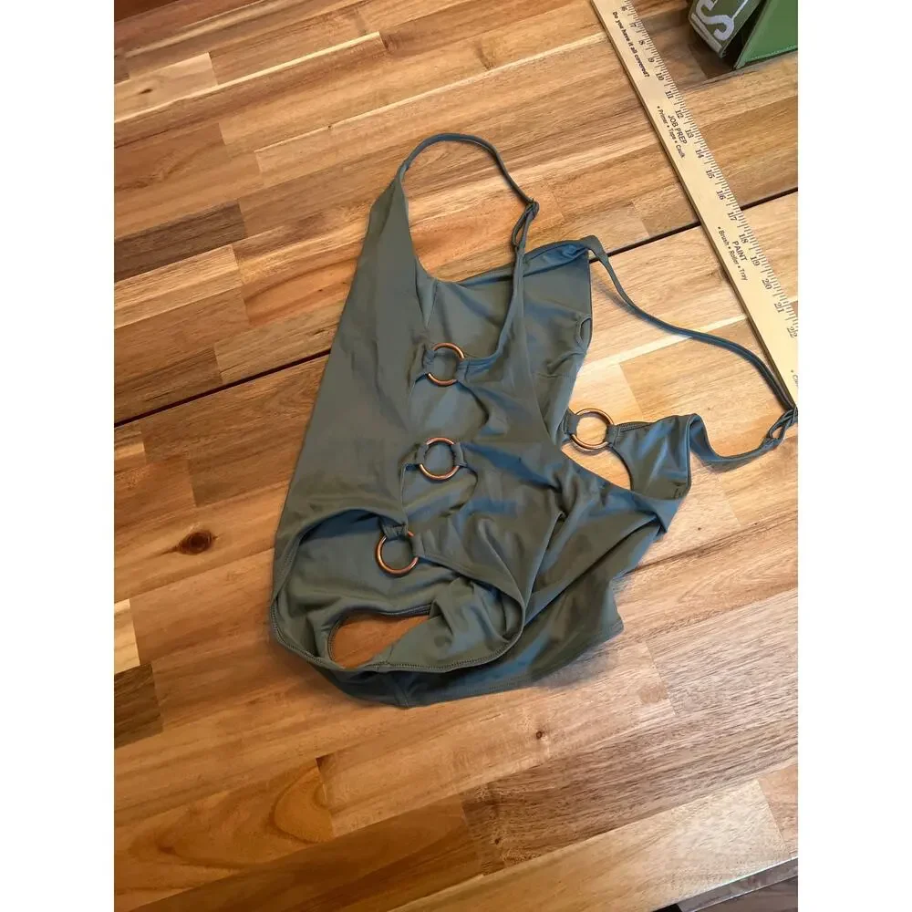Women's Sage Green One Piece Swimsuit Ring Cutout Detail V Neck Spaghetti Straps
